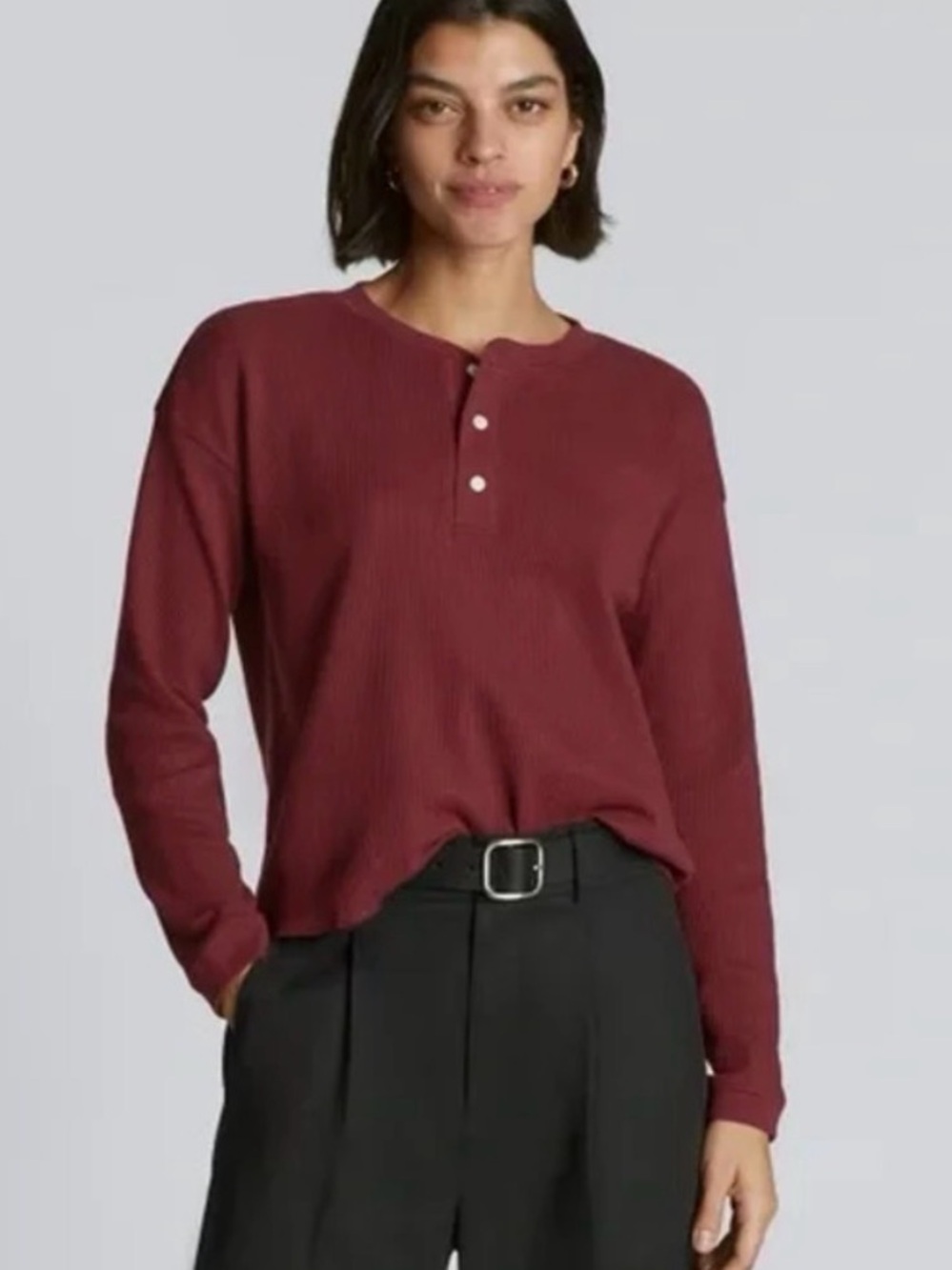 Everlane Maroon Boxy Long Sleeve Henley Shirt Medium